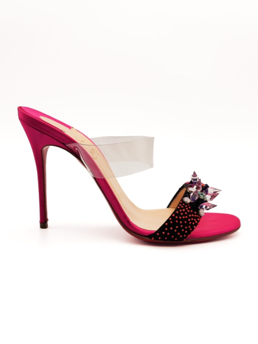 Christian Louboutin Pink Satin Studded Crystal Jewel Slip On Mule Heels EU 36.5